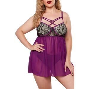 Womens Babydoll Lingerie Purple Lace Bust Chemise Nightie and Sheer Panty Set 3X